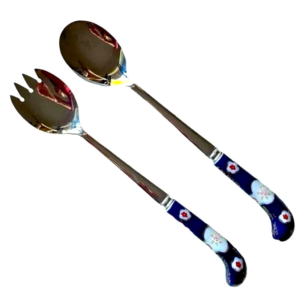 CLOISONNÉ SALAD SERVERS stainless steel SHEFFIELD ENGLAND floral pattern EUC